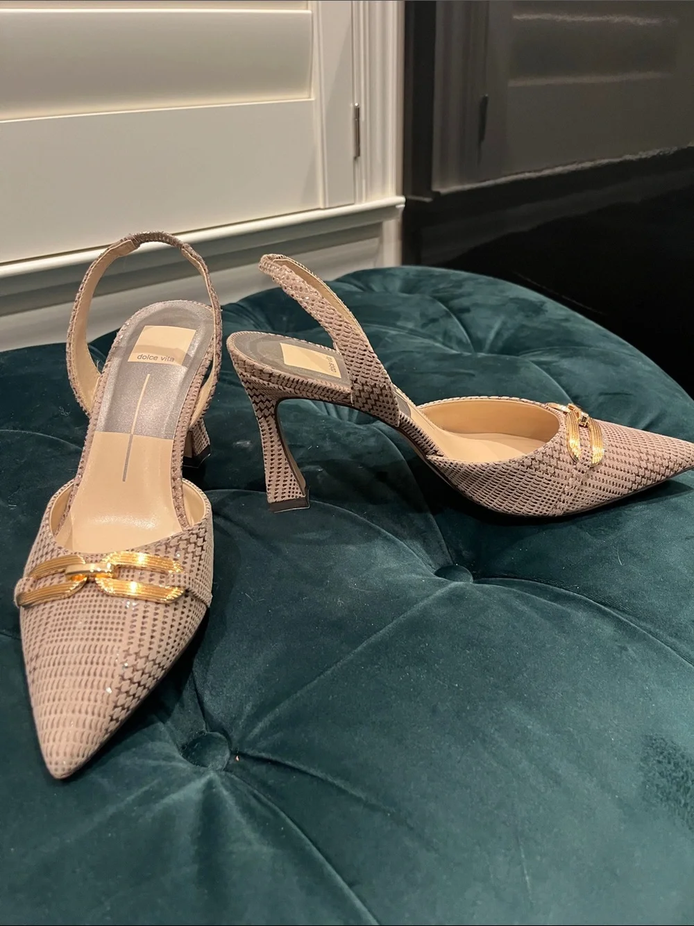 Dolce Vita Taupe Pointed Slingback Heels with Gold Chain Detail